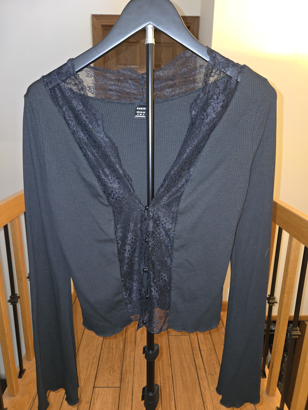 SHEIN Black Ribbed Long-Sleeve Top with Lace Trim